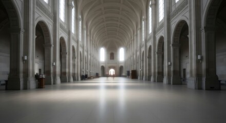 Poster - Majestic interior view of a grand hall with architectural arches and bright light filled space