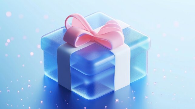 Festively decorated packaging with gifts in bright colors, A gift icon, blue gradient, white background, glass, transparent sense of science and technology.