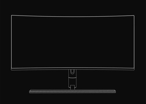 A computer monitor with clean white contour lines stands out against a black background. The minimalist line drawing emphasizes the screen and frame details. Perfect for tech concepts, presentations.