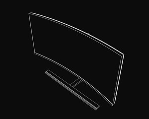 Fototapete - A black and white line drawing of a curved TV with a sleek contour stands out against a dark background. The minimalist design highlights the modern shape of the monitor.