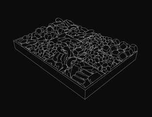 Poster - A black and white contour drawing of a box overflowing with assorted food items, including fruits, vegetables, and nuts. The neatly arranged set features vibrant shades from bright oranges to deep.