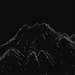 Poster - A black and white mountain contour stands out sharply against a dark background, showcasing intricate peaks and valleys. The detailed linework emphasizes the rugged terrain.
