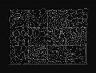 Poster - A black and white square pattern features symmetrical arrangements of nuts, contours, and geometric shapes. The intricate design creates a balanced and visually appealing composition.