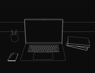 Poster - A sleek laptop rests on a dark wooden desk, flanked by a pen stand, notepad, and scattered office supplies. The moody background enhances the mysterious ambiance.