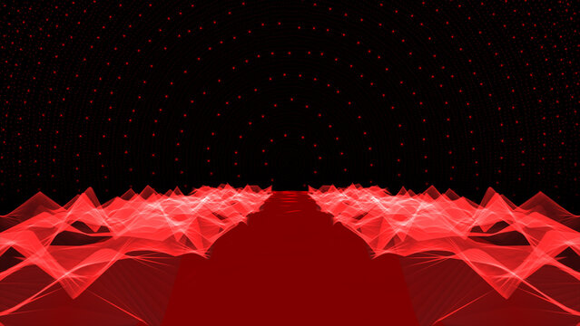 Dreamy retro futuristic horizon landscape with vibrant neon synthwave glow road effects.