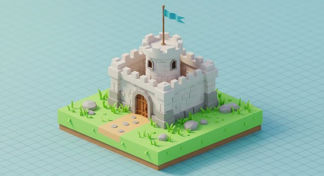Isometric Castle Illustration with Flag on Green Land
