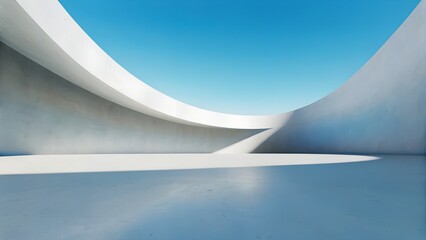 Poster - Futuristic Minimalist Architecture with Flowing White Curved Concrete Walls on Reflective Terrain beneath Clear Blue Sky