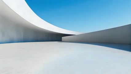 Poster - Minimalist Futuristic Architecture with Flowing Curved White Concrete Walls on Reflective Terrain under Clear Blue Sky