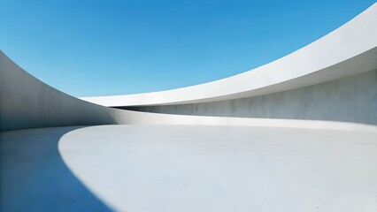 Poster - Minimalist Futuristic Architecture with Flowing White Curved Concrete Walls on Reflective Terrain under Clear Blue Sky