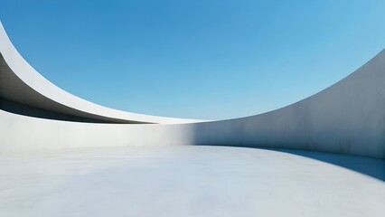 Poster - Minimalist Futuristic Architecture with Flowing Curved White Concrete Walls on Open Reflective Terrain under Clear Blue Sky