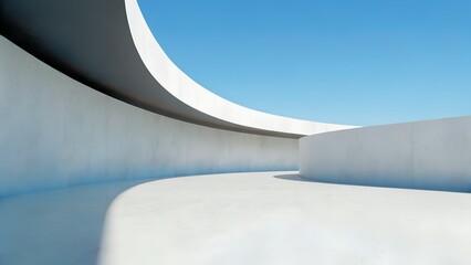 Poster - Minimalist Futuristic Architecture with Flowing White Curved Concrete Walls Casting Shadows on Open Reflective Terrain under Clear Blue Sky