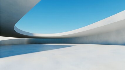 Poster - Minimalist Futuristic Structure with Flowing Curved Concrete Walls on Open Terrain under Blue Sky