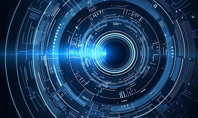 Poster - Abstract futuristic blue background with glowing digital technology and circuit board elements in the shape of a circle