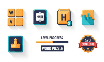 Poster - Word Game Icons with Hints, Level Progress, and Daily Challenge Badges | Playful UI elements for mobile gaming applications