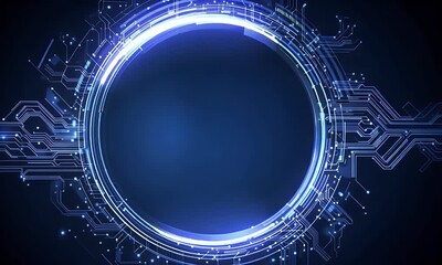Poster - Abstract futuristic blue background with glowing digital technology and circuit board elements in the shape of a circle