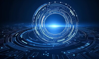 Poster - Abstract futuristic blue background with glowing digital technology and circuit board elements in the shape of a circle