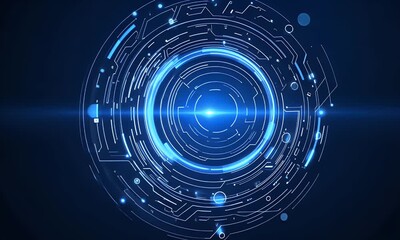 Poster - Abstract futuristic blue background with glowing digital technology and circuit board elements in the shape of a circle