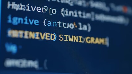 Close-up of blurred code snippet with white/yellow text on a dark blue screen