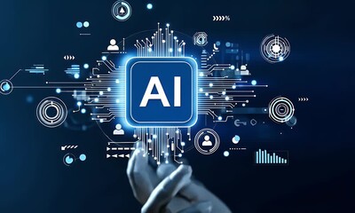 Poster - A digital illustration of AI with an AI circuit in the background, surrounded by icons representing various forms of artificial intelligence 