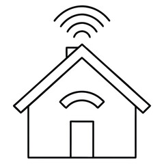 Poster - Simple line art icon of a house with Wifi signal radiating from the roof and a curved Wifi symbol on the front