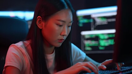 Woman types at computer, screens glow with code in a dimly lit space