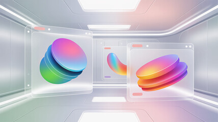 Poster - Abstract Rendered Designs: A futuristic gallery showcases a collection of vibrant, abstract designs floating within sleek, transparent panels.