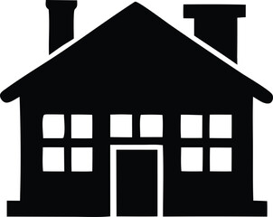 Fototapete - A simple black silhouette of a traditional house with a pitched roof two chimneys and multiple windows representing a dwelling