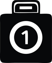 Poster - A simple black and white graphic icon representing a briefcase or suitcase with a large white circle containing the number one
