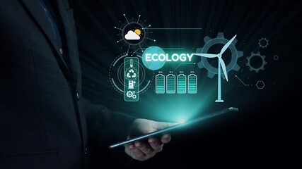 Poster - A businessman holds a tablet while displaying a vibrant ecology concept, showcasing renewable energy icons. The background emphasizes technology and sustainability, symbolizing a green future. Qubit