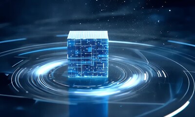 Poster - 
A blue cube of data floating in the center, surrounded by glowing digital lines, representing AI technology and computer systems with an abstract background. 