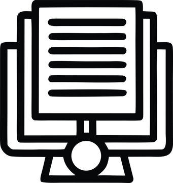 Stylized black and white icon depicting a computer monitor displaying text on a screen