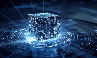 Poster - 
A blue cube of data floating in the center, surrounded by glowing digital lines, representing AI technology and computer systems with an abstract background. 