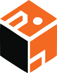 Poster - Abstract geometric logo design featuring an orange and white cube with a black textured side conveying innovation and structure