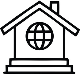 Poster - Stylized outline icon of a house with a globe symbol integrated into its facade representing global real estate or international property