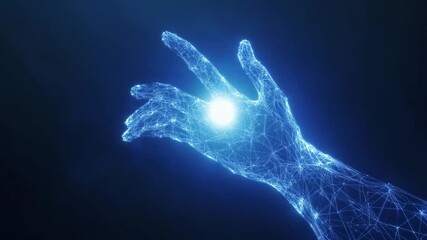 Poster - Digital future concept showcasing a glowing blue wireframe hand in a dark environment