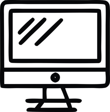 A simple hand drawn black and white sketch of a modern desktop computer monitor with a stand and a circular power button