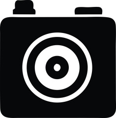 Poster - Simple black and white icon of a vintage camera with a prominent circular lens evoking classic photography and retro aesthetics
