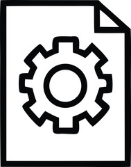Poster - Simple black and white line art icon representing a gear or cogwheel superimposed on a document or paper with a folded corner