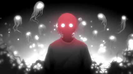 Wall Mural - figure with glowing form surrounded by luminescent entities in a dark space
