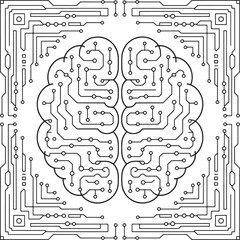 Fototapete - Abstract brain circuit board;  technology, AI, futuristic, minimalist line art design, Ai Brain, connection