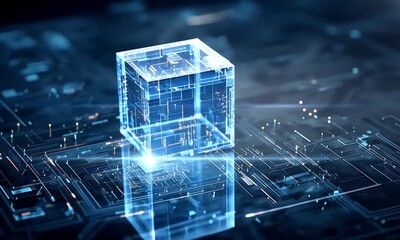 Poster - 
A blue cube of data floating in the center, surrounded by glowing digital lines, representing AI technology and computer systems with an abstract background. 