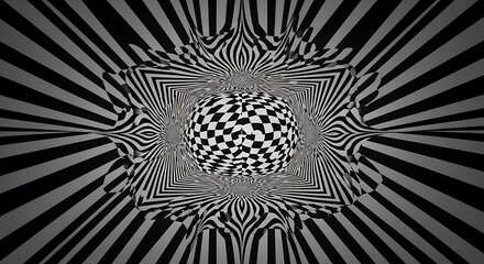 Poster - Mesmerizing black and white optical illusion with a checkerboard sphere and radial stripes