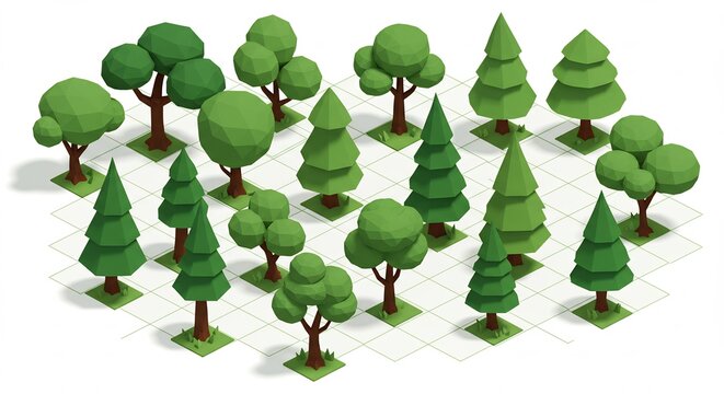 Isometric Tree Set with Geometric Shapes in Low Poly Style