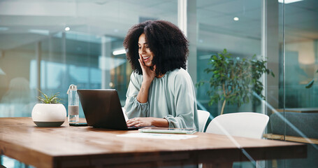 Business, excited and woman with laptop, thinking and success with kpi target, achievement or email. Person, computer or employee with internet, bonus or company website with smile and profit growth