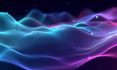 Poster - 
Abstract digital technology background with colorful glowing lines and mesh network grid on a dark blue backdrop, 