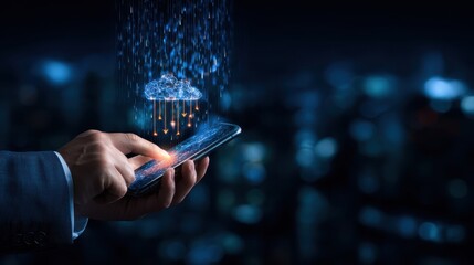 Poster - A professional hand interacts with a smartphone, showcasing the concept of cloud computing through digital visuals.