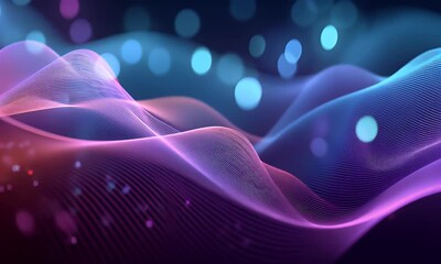 Poster - 
Abstract digital technology background with colorful glowing lines and mesh network grid on a dark blue backdrop, 