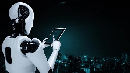Poster - Futuristic robot artificial intelligence huminoid AI transportation analytic technology development and machine learning concept. Global robotic science research for future of human . 3D rendering.