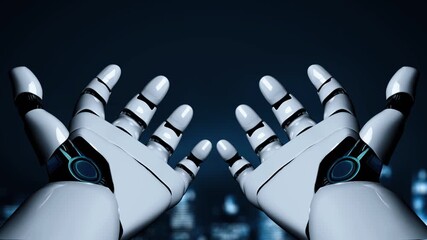 Poster - Futuristic robot artificial intelligence enlightening AI technology development and machine learning concept. Global robotic bionic science research for future of human life. 3D rendering graphic.