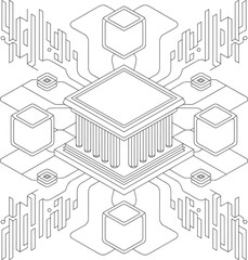 Fototapete - Abstract Isometric Cube Network: Modern Minimalist Line Art Design, technology